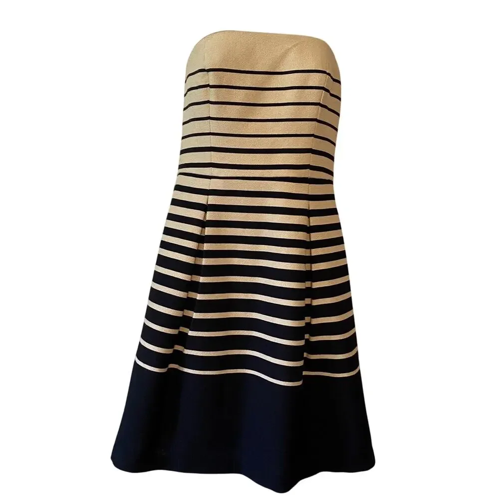 Trina Turk Women's Kenzie Tan Black Striped Lined Strapless Dress Size 4